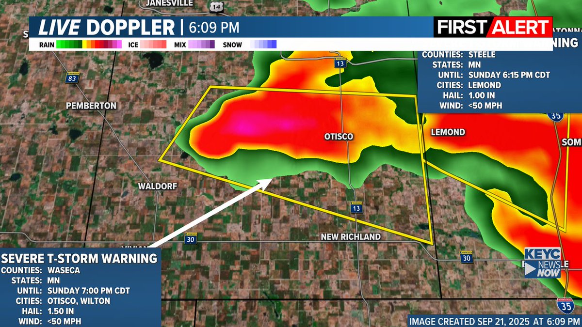 KEYCWeather's tweet image. ALERT: Severe Thunderstorm Warning for the following counties: Waseca until 9/21 7:00PM