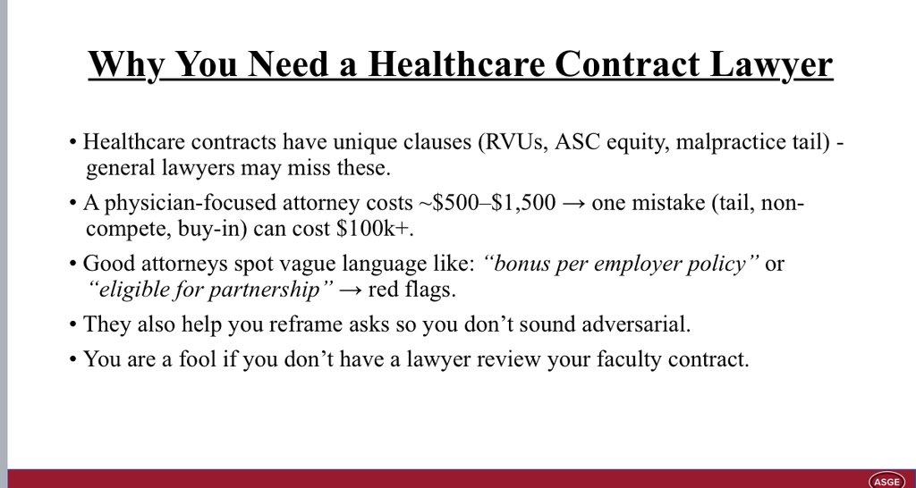 Mariam Naveed, MD (@mn_gimd) on Twitter photo Before wrapping up on @ASGE #SeniorFellowsCourse want to share some tidbits from my talk. 
Contract Negotiations is an important topic!  Most GI fellows spend years mastering medicine. Few spend hours mastering contracts.
Your first job offer often shapes your career more than Before wrapping up on @ASGE #SeniorFellowsCourse want to share some tidbits from my talk. 
Contract Negotiations is an important topic!  Most GI fellows spend years mastering medicine. Few spend hours mastering contracts.
Your first job offer often shapes your career more than