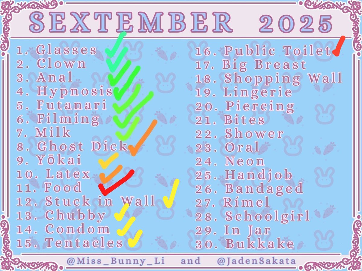 Como estuve de viaje y no pude subir los dibujos a tiempo, hoy les traigo un pack de 3 días
Dia 14 (Condom)
Día 15 (Tentacle)
Día 16 (Public Toilet)