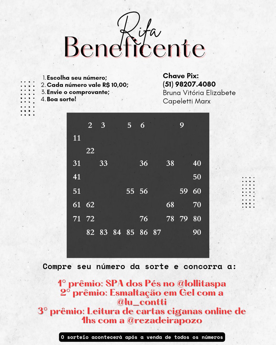 MarxBruna's tweet photo. 🚨 Rifa Beneficente – Apenas R$10,00 🚨

Amigos, estou fazendo essa rifa para ajudar nas despesas com os meninos: deslocamentos para o tratamento do Lorenzo, fisioterapia e fono do Joaquim, além das contas do dia a dia. 💔

📍 Cada número custa R$10,00
📲 Pix: (51) 98207-4080 + https://t.co/2Af2BNzFqr
