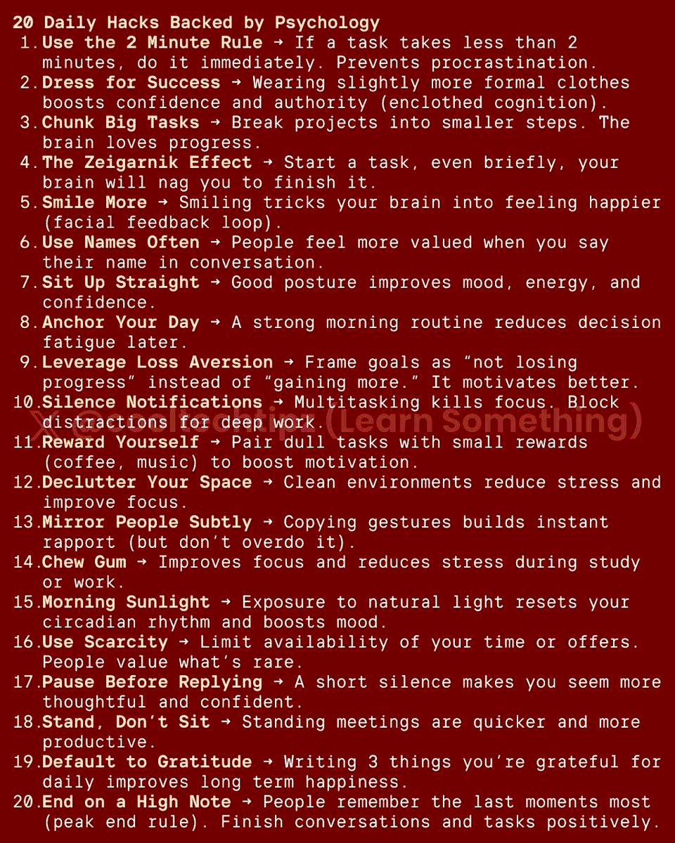 xKnowledgeBANK's tweet image. 20 daily hacks backed by Psychology