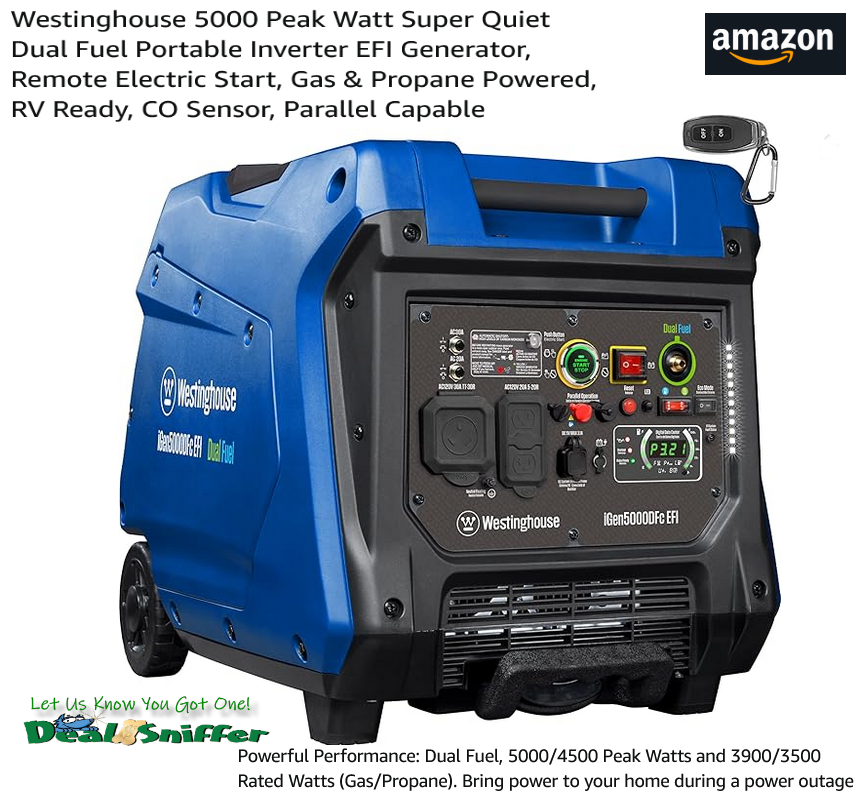 dealsniffer's tweet image. 👍 29% OFF Westinghouse 5000 Peak Watt Super Quiet Dual Fuel Portable Inverter EFI Generator 🏠
amzn.to/4nLq6oU 🔗
#generator #inverter #invertergenerator #poweroutage #offgrid
