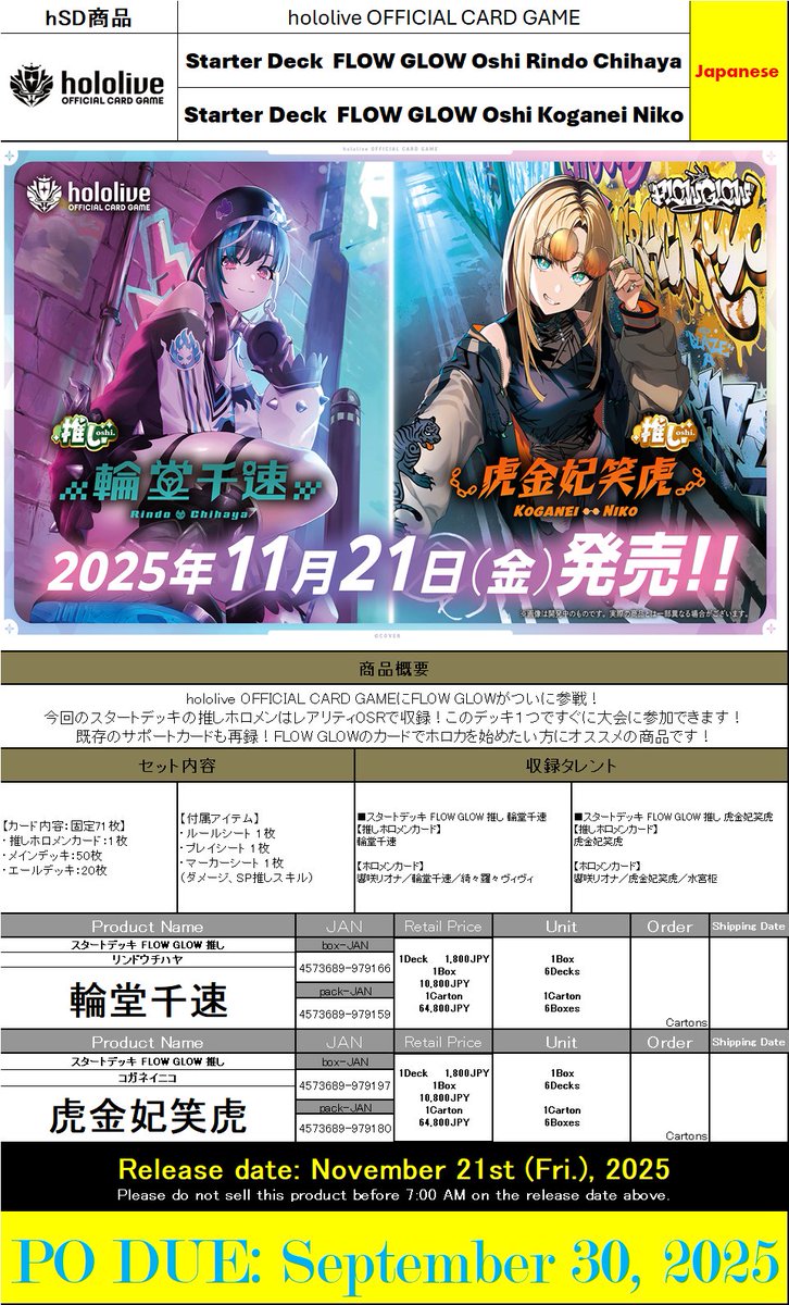 Hello,
We are taking pre orders for Hololive for the below:

Start Deck: Rindo Chihaya
Start Deck: Koganei Niko

PO Due: September, 30 2025

Release Date: November, 21 2025

Display (6 Starter Decks): $120