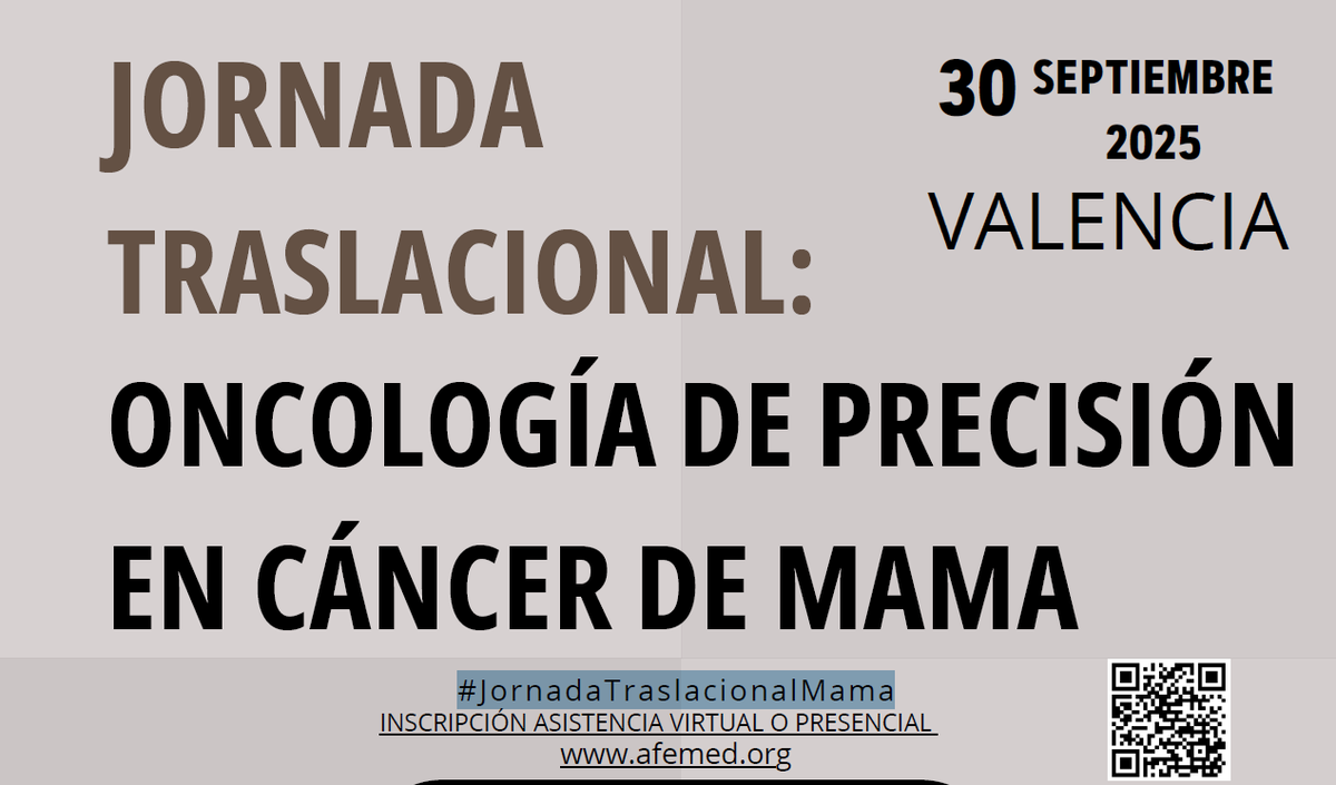 TomasPascualMD's tweet photo. 🚨 Save the date!
📅 30 Sept 2025 – Valencia &amp; Online
🎯 Jornada Traslacional: Oncología de Precisión en Cáncer de Mama
👉 Inscripción aquí: https://t.co/JioDtAPnqT
Un encuentro imprescindible sobre innovación y futuro en #BreastCancer.

#JornadaTraslacionalMama #Oncología https://t.co/omHSQofIh4