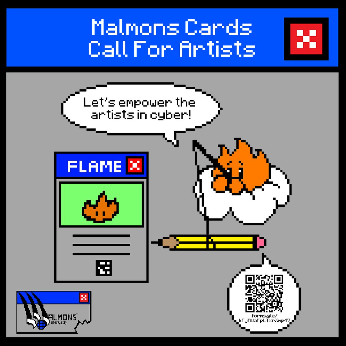 We're opening the Call For Artists for the Malmons Cards Project! 👾 

Lena Yu (<a href="/LambdaMamba/">Lena</a>) started this project as a way to empower fellow artists in cyber, and give the artists a platform where they can shine! 🎨

Application form with full details:
forms.gle/kFjRUaFpLTxrXm…