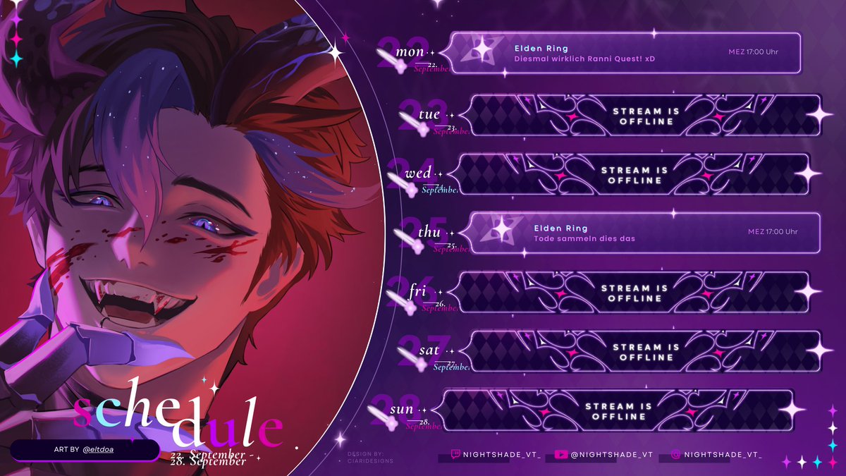 Nächste Woche gehts aber wirklich bei Elden Ring weiter! Keine 3-4h Just Chatting! NÖ! 
Am Samstag bin ich auch ab 18 Uhr bei <a href="/LunariaMoon_VT/">LunariaMoon_VT🐺🌙</a> zu sehen💙

#GERVtuber #streamplan