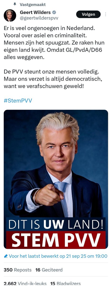 helena_is_here's tweet image. Geert Wilders plaatst een post met een afbeelding waar je de gelijkenis ziet met Uncle Sam. GL/PvdA en D66 geven alles weg. Aldus Wilders.
Wordt hier indirect naar de post van het Amerikaanse ministerie van Binnenlandse Veiligheid (DHS) verwezen?
En dat 1 dag na geweld #Elsfest