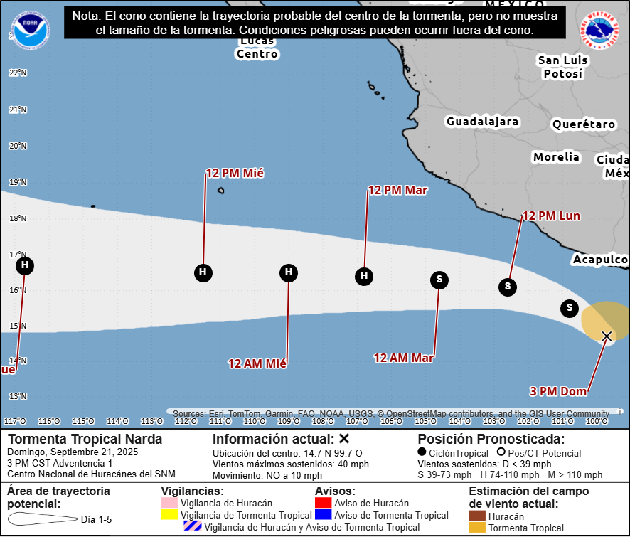NHC_Pacific's tweet photo. 9/21 3pm CST: Tropical Storm #Narda has formed in the east Pacific off the coast of Mexico. Locally heavy rain is possible along portions of the coast of southern #Mexico through Monday, but the strong winds should remain offshore. For details, see https://t.co/Oy8uoeRKme https://t.co/r25B48h3aJ
