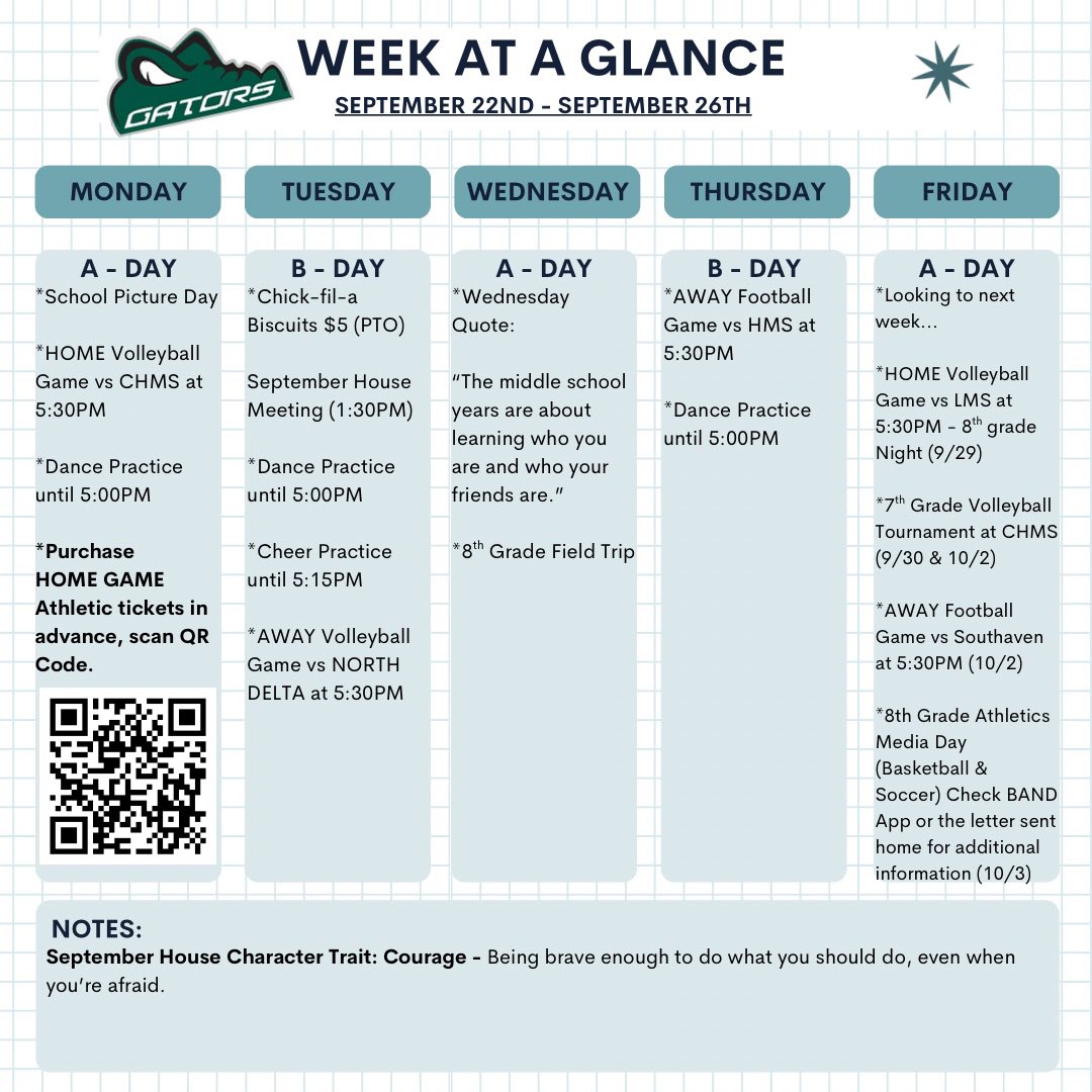 Happy Sunday!

Here’s what’s happening at LCMS this week! (September 22nd - September 26th). 

#OneGatorNation #TheSwamp #LCMS #TeamDCS