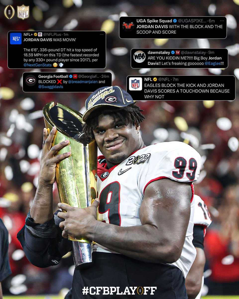 CFBPlayoff's tweet photo. A Jordan Davis tuddy? A Jordan Davis tuddy. 😎

The first 300–lb CFP National Champion to run at 18.59 mph 💨💨

📱Stream on NFL+ 

#CFBPlayoff https://t.co/jQeJcbDH4C