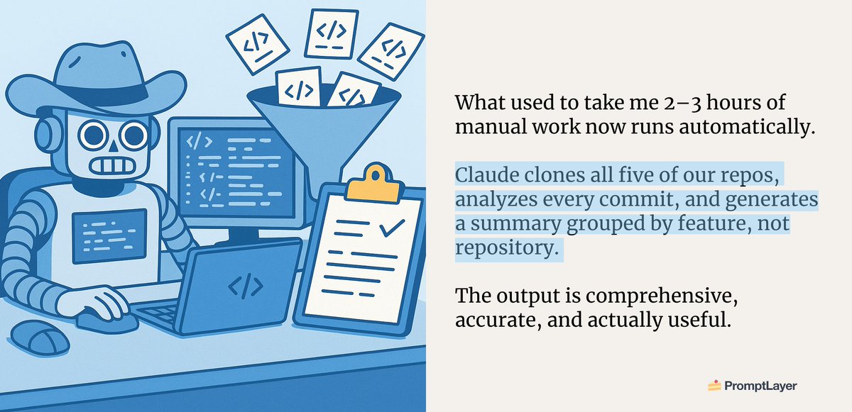 promptlayer's tweet image. Claude reads our repos, analyzes every commit, and writes product updates grouped by feature.
No more reading vague commit messages. Just clear, complete product emails without any user input.
blog.promptlayer.com/how-i-automate…
