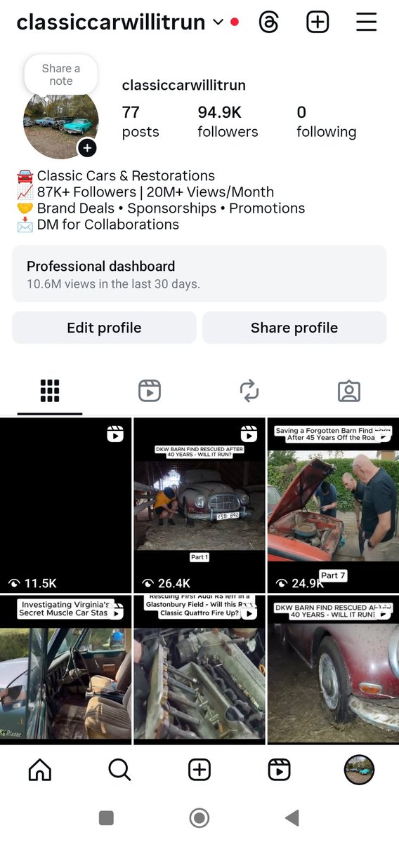 Handle_Mart's tweet image. 🚨 For Sale 🚨
📸 Niche: Classic Cars &amp;amp; Restorations
👥 Followers: 94.9K+ (Organic Growth)
📊 20M+ Views / Month | 10.6M Views Last 30 Days
💼 Perfect for: Auto Brands, Sponsorships, Restorations, Collabs

📩 DM for price &amp;amp; details
#ForSale #InstagramForSale #SocialMediaGrowth