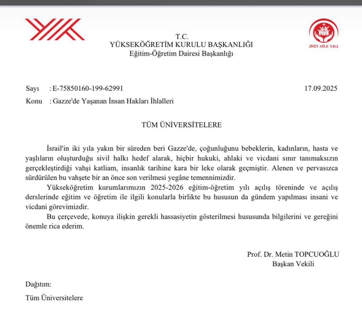 YÖK yönetimi tüm üniversitelere yeni ders yılında siyonist İsrailin işlediği katliam ve soykırımın derslerde işlenmesi tavsiyesini yaptı. Alkışlanacak önemli bir karar. Müteşekkiriz.
<a href="/erolozvar/">Erol Özvar</a>
<a href="/RTErdogan/">Recep Tayyip Erdoğan</a>
