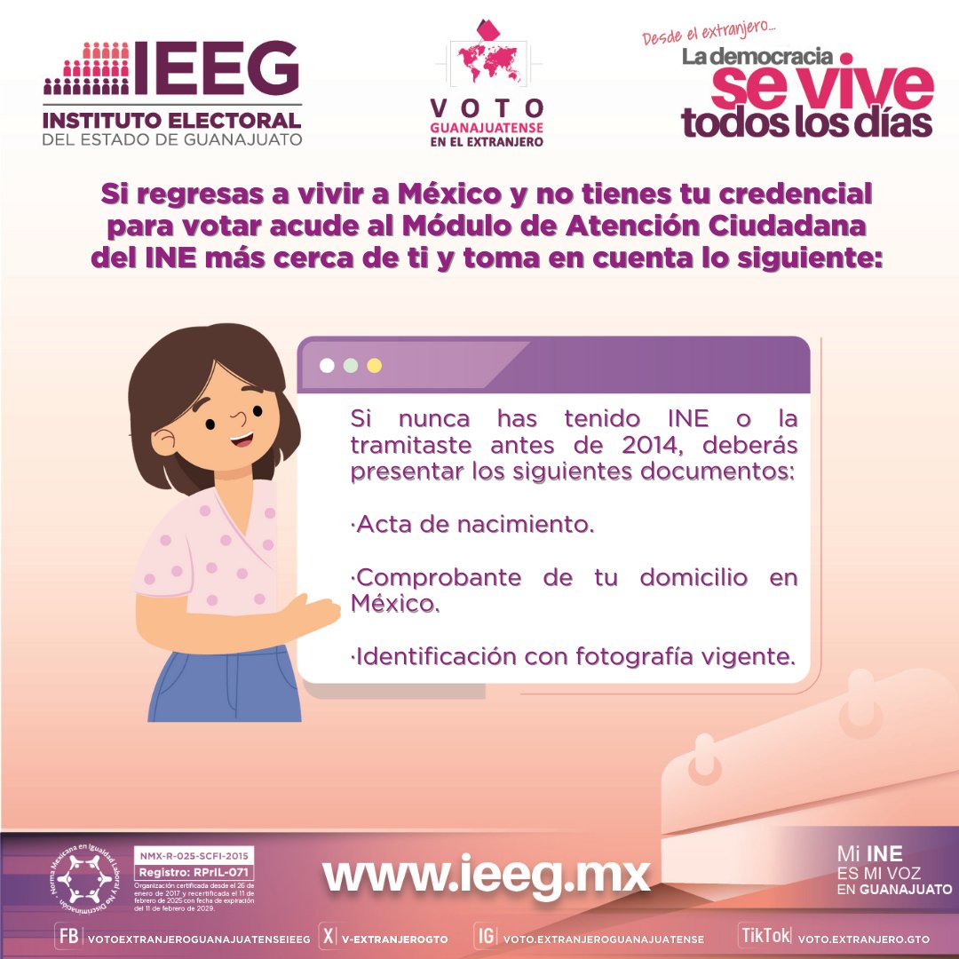 👉 Si nunca has tenido INE o la tramitaste antes de 2014, deberás presentar:
📄 Acta de nacimiento.
🏠 Comprobante de tu domicilio en México.
🪪 Identificación con fotografía vigente.

📍 Encuentra tu módulo aquí: ubicatumodulo.ine.mx