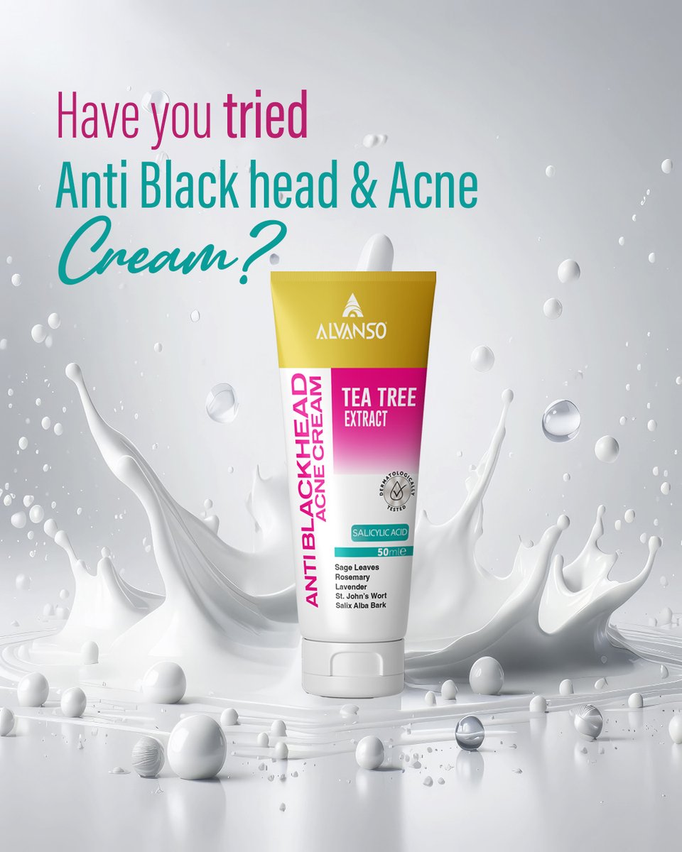 ALVANSOO's tweet photo. Have you tried our Anti Blackhead &amp; Acne Cream? Infused with Tea Tree Extract &amp; Salicylic Acid for clearer, healthier skin.

هل جرّبت كريم إزالة الرؤوس السوداء وحب الشباب من ألڤانسو؟ غني بخلاصة شجرة الشاي وحمض الساليسيليك لبشرة أنقى وأصح.

#Alvanso #AntiAcne 
#الڤانسو #مضاد_لحب https://t.co/uV0CMiOLYA