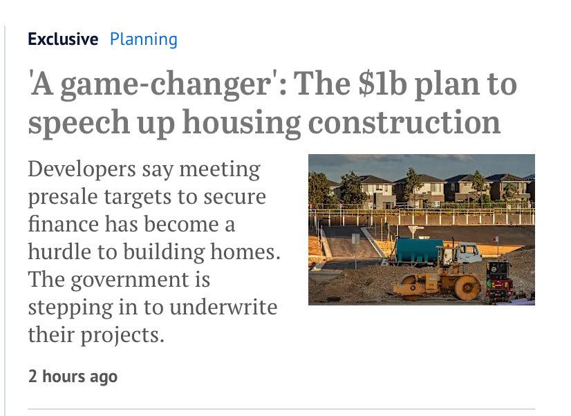 The $1 billion plan to speed up construction of thousands of NSW homes 

The online headline ( as at 7.15am Monday 22Sept 2025) gets the current housing crisis spot on - all talk, no action. 

smh.com.au/national/nsw/t…