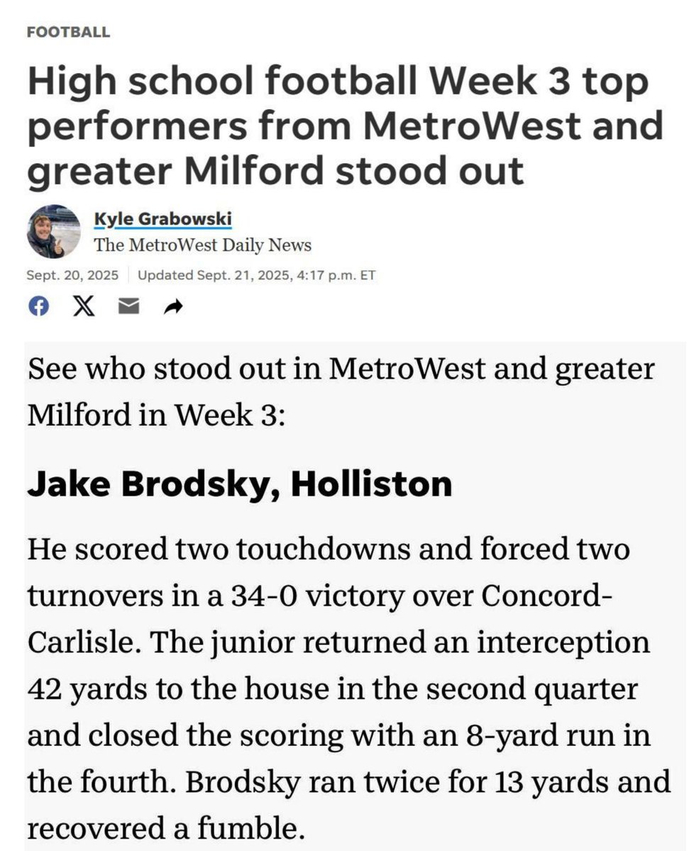 KenDunn7's tweet image. The MetroWest Daily News got this one right.  Brodsky really had a dominant game Friday night, as did the entire Holliston Panther Football team. @HollistonFBall @HollistonFBAlum @HollistonAD @HollistonFD @HollistonPolice @HCATFootball @hcattv @MetroWestSports