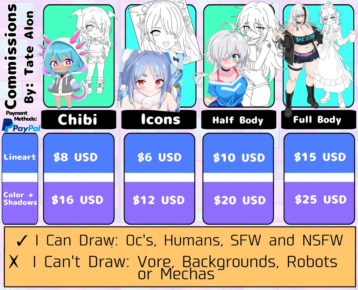 Tate_Alon's tweet image. Hello dear followers, this is my price list in case you are interested in supporting me with a drawing. 🙏✨ #commsopen #AnimeArt #Digitalart #sabart