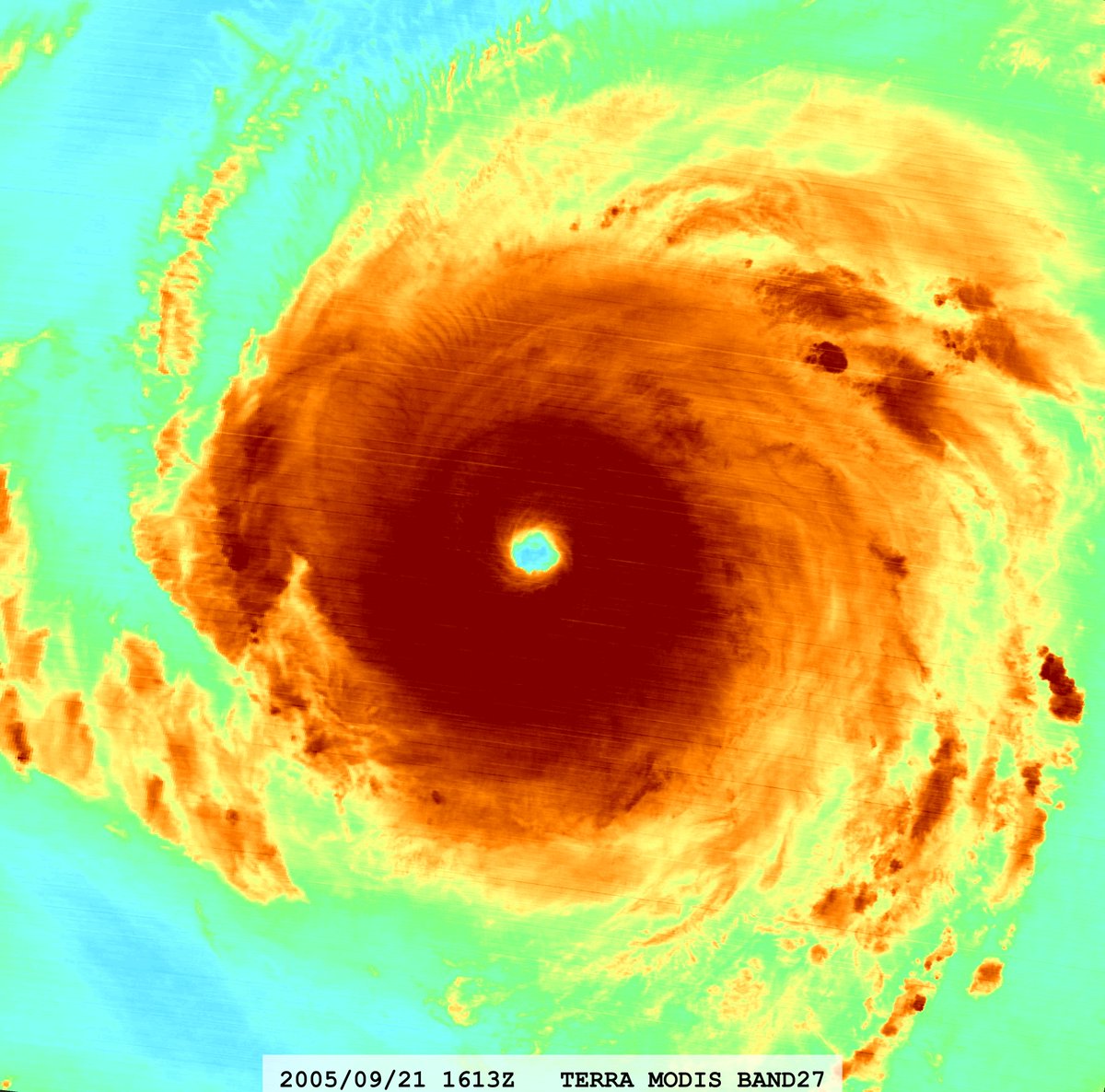 zeb199818's tweet photo. Hurricane #18L #RITA 20-year Anniversary
Satellite: #TERRA #MODIS
Channel : 
BAND-01 (0.645 µm) 250-m BAND-27 (6.715 µm) 1-km BAND-31 (11.030 µm) 1-km
Time : 2005/09/21 1613Z
Eye Temp (IR) : 24.30 °C
Eye Temp (WV) : -23.54 °C
CPA : ~350 km
Aircraft Observation : 920 mb 1753Z https://t.co/MuGcy3kPbO