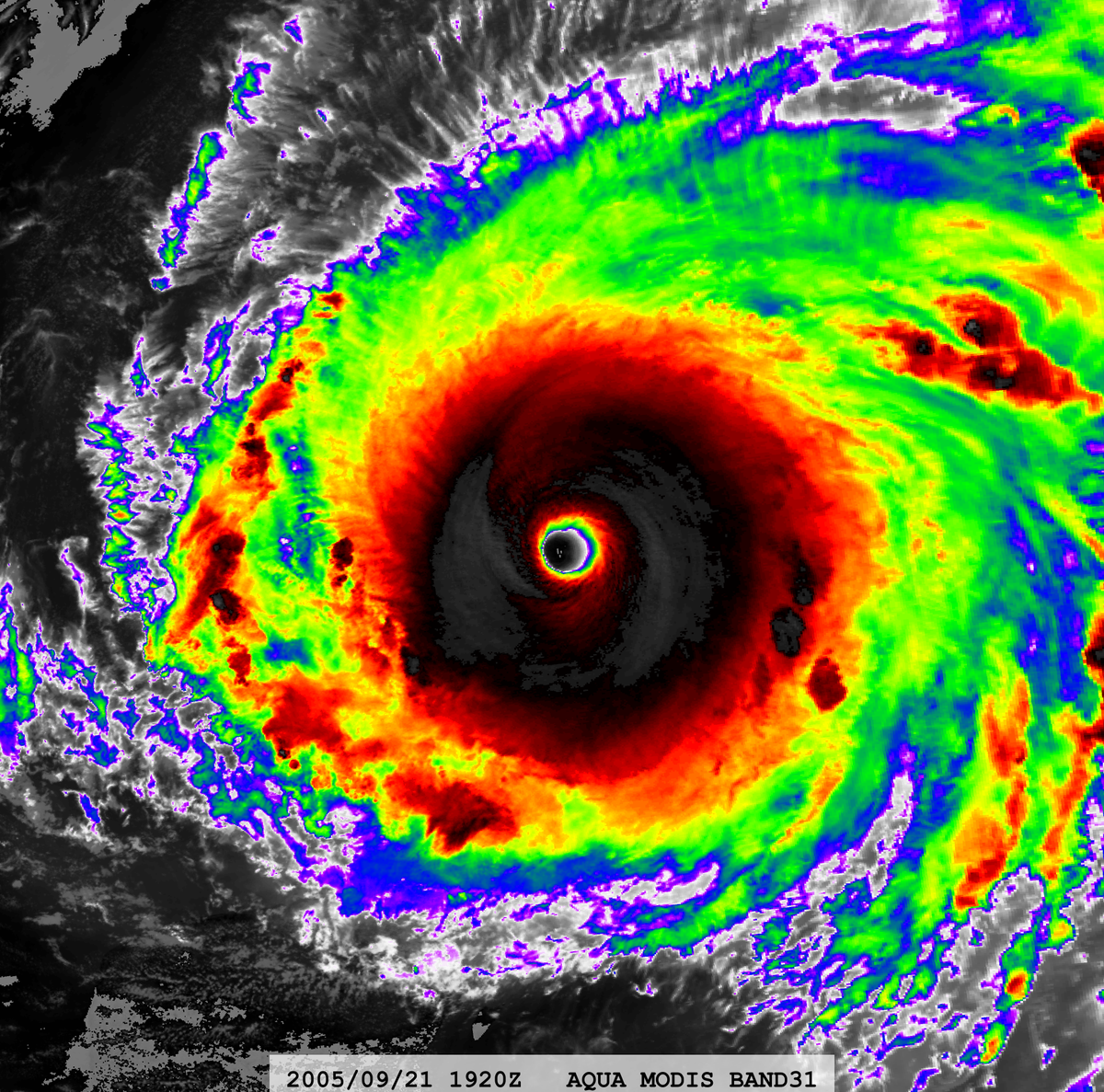 zeb199818's tweet photo. Hurricane #18L #RITA 20-year Anniversary
Satellite: #AQUA #MODIS
Channel : 
BAND-27 (6.715 µm) 1-km
BAND-31 (11.030 µm) 1-km
Time : 2005/09/21 1920Z
Eye Temp (IR) : 26.445 °C
Eye Temp (WV) : -19.2649 °C
CPA : ~450 km
Aircraft Observation : 904 mb 2116Z https://t.co/ObePbSwtV0