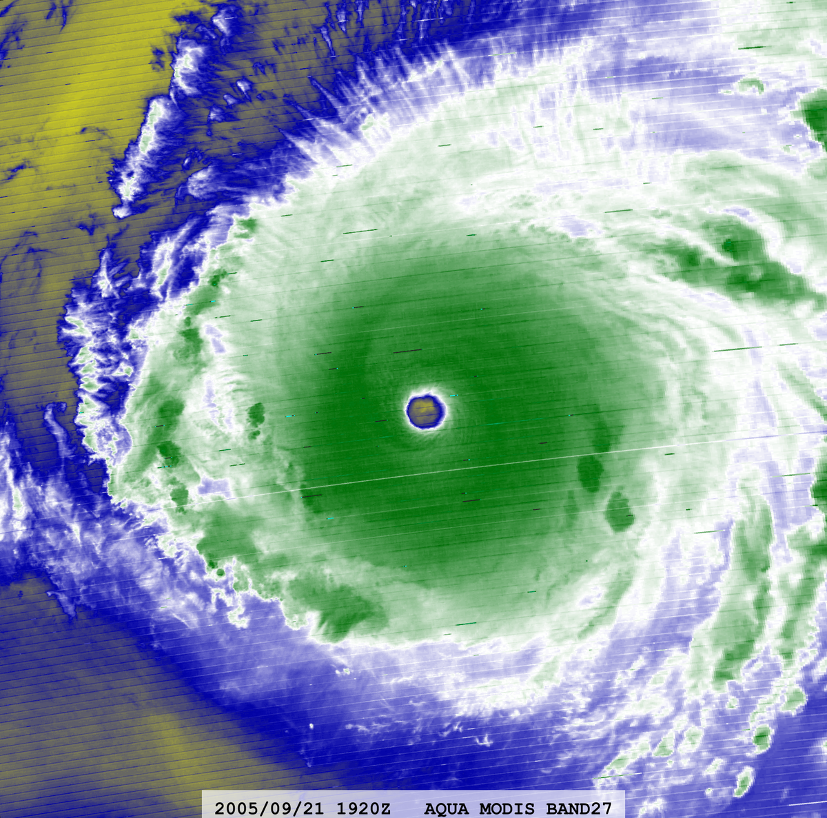 zeb199818's tweet photo. Hurricane #18L #RITA 20-year Anniversary
Satellite: #AQUA #MODIS
Channel : 
BAND-27 (6.715 µm) 1-km
BAND-31 (11.030 µm) 1-km
Time : 2005/09/21 1920Z
Eye Temp (IR) : 26.445 °C
Eye Temp (WV) : -19.2649 °C
CPA : ~450 km
Aircraft Observation : 904 mb 2116Z https://t.co/ObePbSwtV0