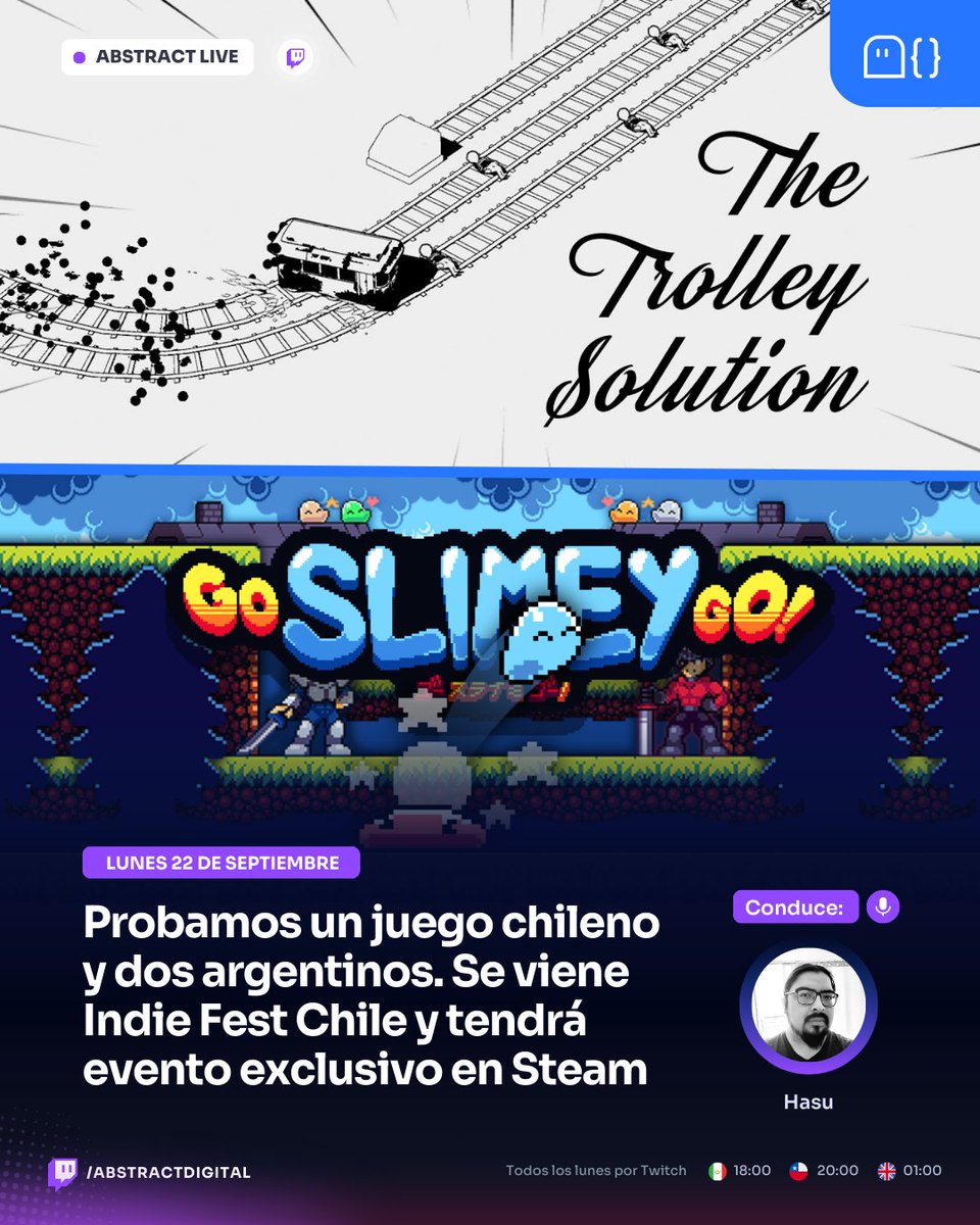 📢Este lunes probamos tres juegos, uno de Chile, y dos de Argentina. #TheTrolleySolution de <a href="/byDanDans/">byDanDans</a> , #GoSlimeyGo y #FrogKnight

🔴En vivo por📺Twitch.tv/AbstractDigital desde las 20:00 horas GMT -3

#indiegames #IndieGameDev #gamedevs #indiedev