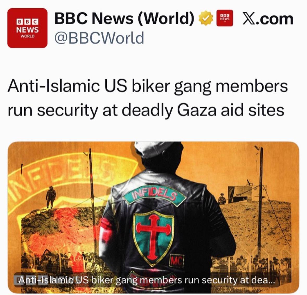timand2037's tweet image. The US government is paying an Islamophobic biker gang from the U.S. $1,500 a day to shoot Palestinians waiting for food

BBC has identified three leading members of Infidels MC who also have senior roles at UGS&apos;s Gaza operation:

Larry &quot;J-Rod&quot; Jarrett, who has been publicly…