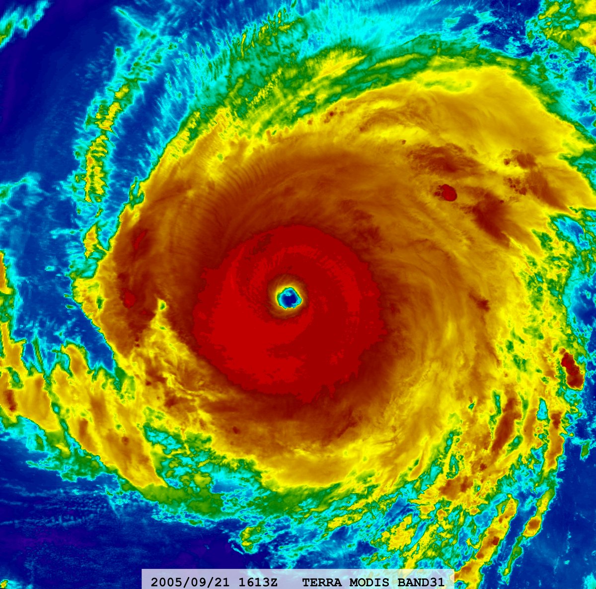 zeb199818's tweet photo. Hurricane #18L #RITA 20-year Anniversary
Satellite: #TERRA #MODIS
Channel : 
BAND-31 (11.030 µm) 1-km
Time : 2005/09/21 1613Z
Eye Temp (IR) : 24.30 °C
Eye Temp (WV) : -23.54 °C
CPA : ~350 km
Aircraft Observation : 920 mb 1753Z https://t.co/zFxDUf5uG4