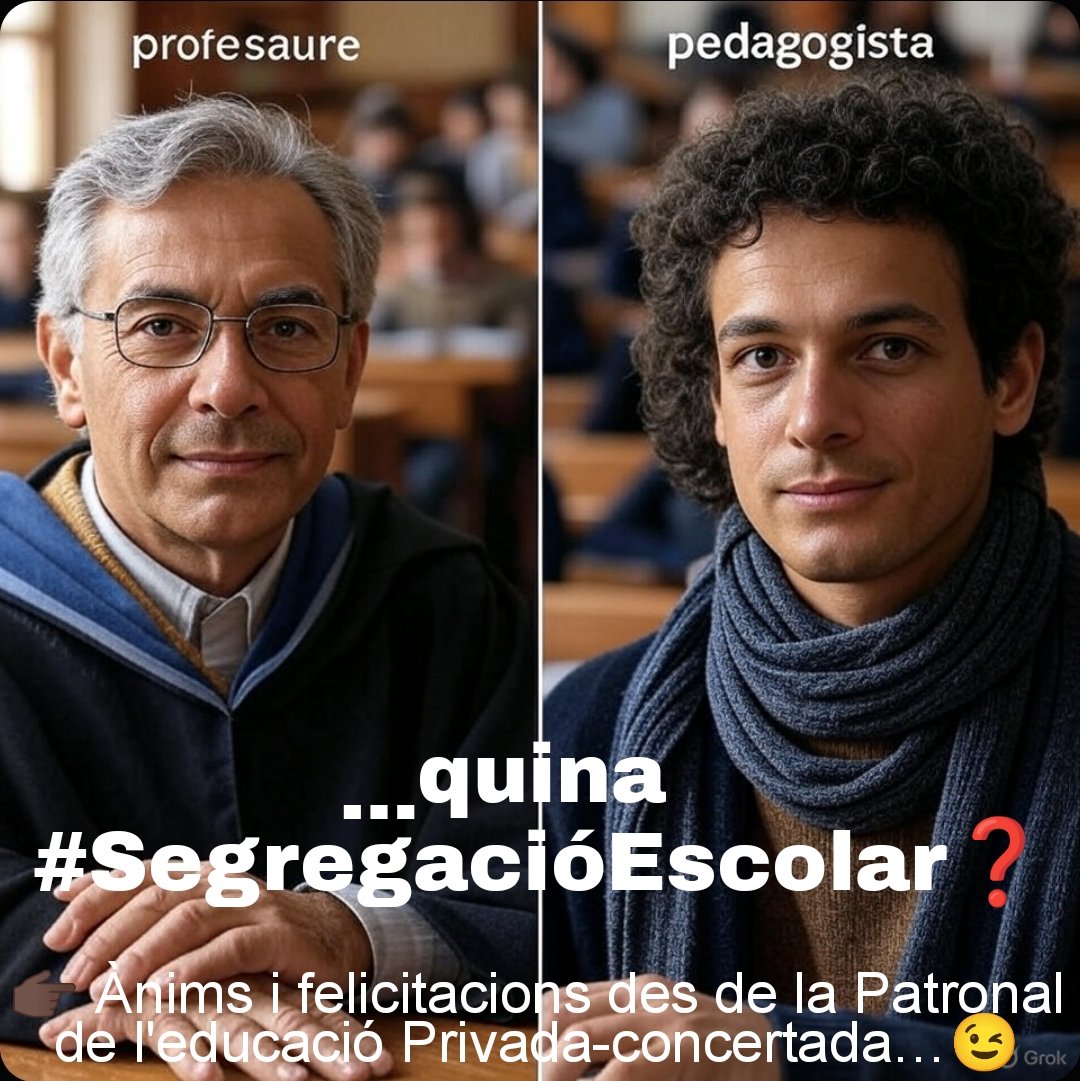 «Profesaure»
🗣️"tot és una baixada de nivell"❗
…però treballa en
un centre Públic GUETITZAT,
i NO ho sap.

«Pedagogista»
🗣️"tot es resol amb eines pedagògiques"❗
……però treballa en
un centre Públic GUETITZAT,
i NO s'atreveix a qüestionar el procés de matrícula segregador.