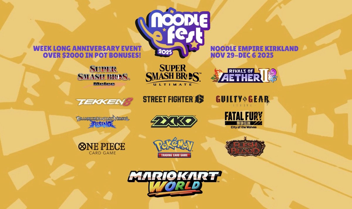 Noodle_Empire's tweet image. WELCOME TO THE NOODLE FEST 🎉🍜

A week long event celebrating 3 years of the Noodle Empire venue!

Featuring 12+ games, each having its own day of competition. 

With $2000+ IN PRIZES!

🗓️ November 29th to December 6th
📍 3248 Rue Jean-Yves, Kirkland

(Registration in replies)