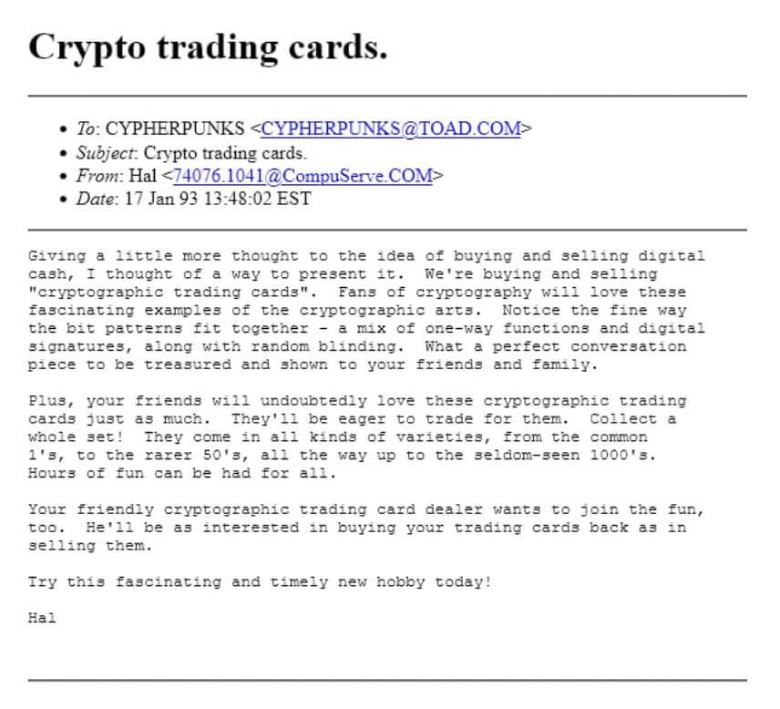 Hal Finney wanted collectibles on Bitcoin.