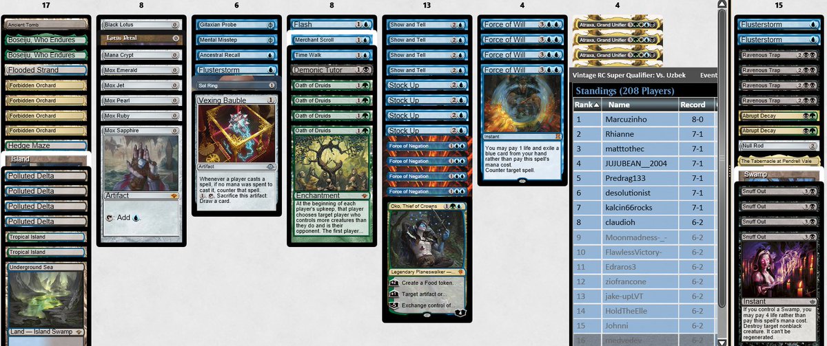 Could have distributed wins and losses better, yet happy with my 75% winrate vintage marathon this weekend:

6-2 Champs Week Finals
6-2 Super Qualifier
8-1, 4-2, 4-2 Challenges

All with Oath, started with <a href="/jibetatoto/">じべた</a>'s build and slowly ended up with this one: