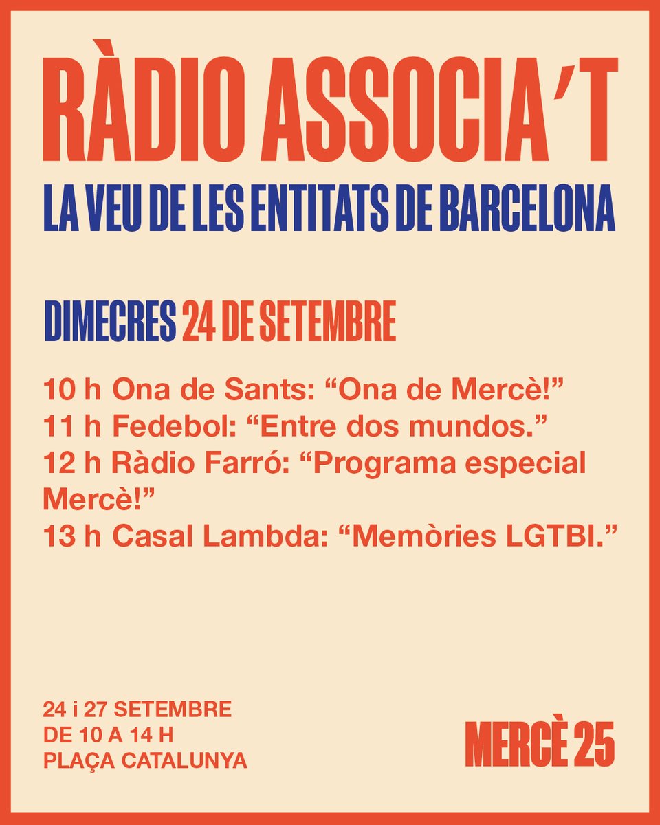 CAB (@associacionsbcn) on Twitter photo 🎙️ Torna Ràdio Associa’t!
L’altaveu de les entitats de #BCN per #laMercè.
Plaça Catalunya • 24 i 27/09 • 10-14 h.
Vuit hores de ràdio en directe per fer sentir projectes, veus i emocions.
<a href="/tjussana/">Torre Jussana</a>
<a href="/xrcLAB/">xrcLAB</a>
i
<a href="/LaVeinalTV/">La Veïnal</a>
#RadioAssociat #Quedeque
<a href="/quedeque_bcn/">Agenda Quèdequè</a> 🎙️ Torna Ràdio Associa’t!
L’altaveu de les entitats de #BCN per #laMercè.
Plaça Catalunya • 24 i 27/09 • 10-14 h.
Vuit hores de ràdio en directe per fer sentir projectes, veus i emocions.
<a href="/tjussana/">Torre Jussana</a>
<a href="/xrcLAB/">xrcLAB</a>
i
<a href="/LaVeinalTV/">La Veïnal</a>
#RadioAssociat #Quedeque
<a href="/quedeque_bcn/">Agenda Quèdequè</a>