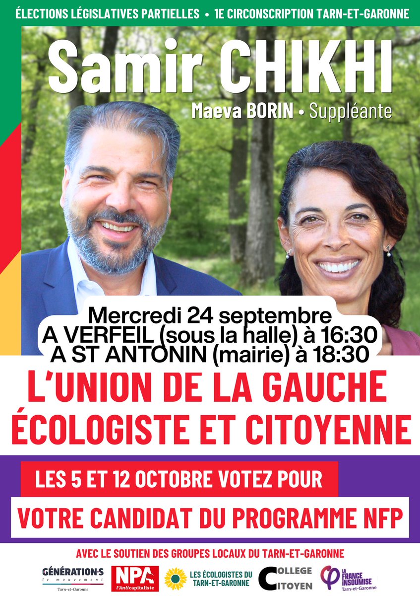 nfp_82's tweet photo. Amis de Saint-Antonin-Noble-Val et alentours, venez rencontrer @Samir_Chikhi et Maeva Borin le mercredi 24/09 à 18h30, pour discuter du programme du Nouveau Front Populaire. 
✊️Votez NFP les 05/10 et 12/10 pour élire un nouveau député, et remplacer Barèges, la candidate du RN. https://t.co/frNsBQPrRZ