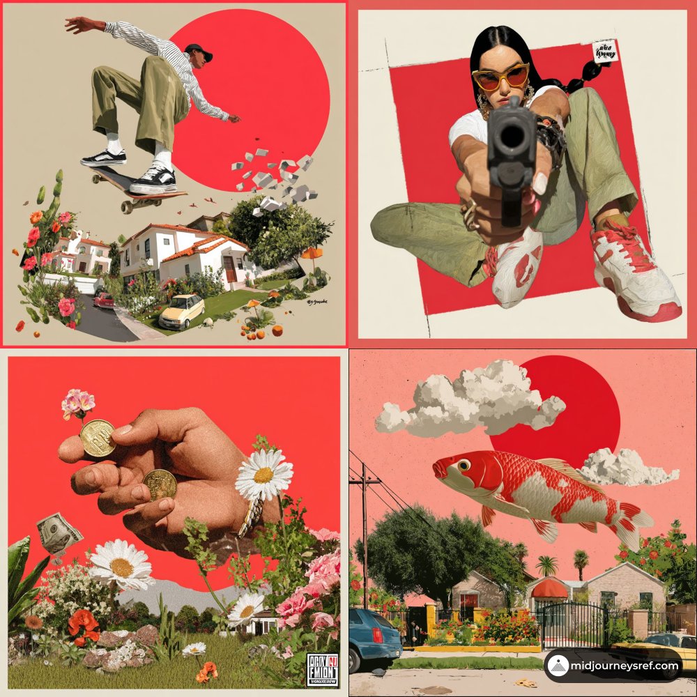 Steal this look: bold red collage surrealism that pops 🔴
--sref 3700911257 --v 7 --sv6 + collage composition, warm red gradient bg
Perfect for brand visuals, album covers, social posts ✨#midjourney #sref