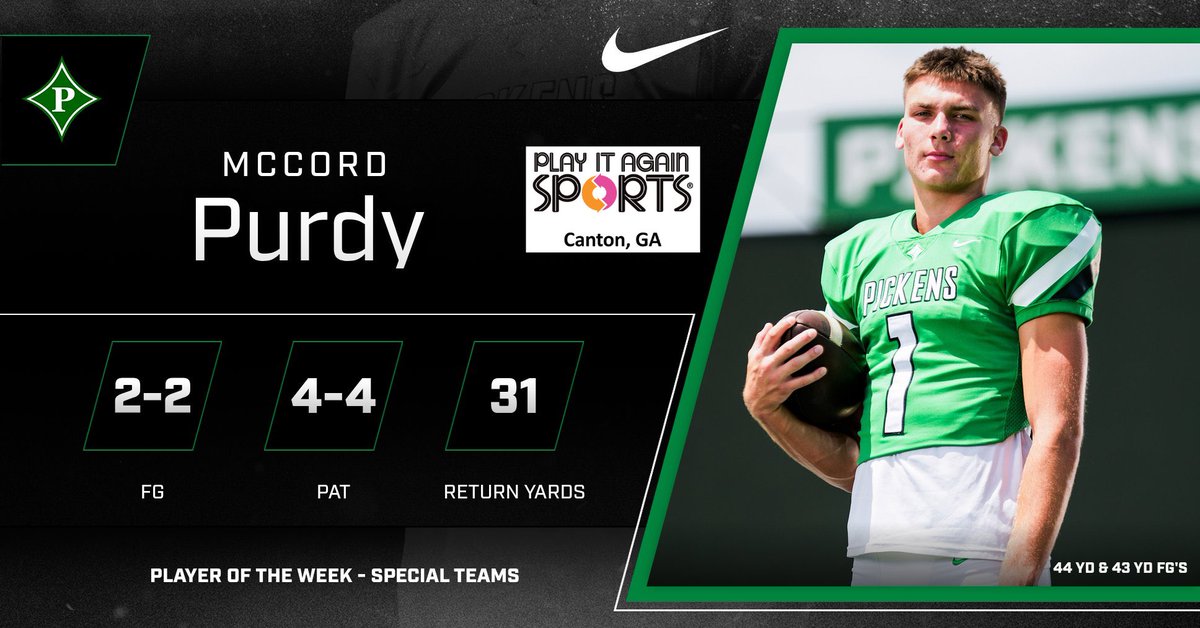 Congratulations to our Players of the Week, Presented by Play It Again Sports - Canton, GA. The Dragons picked up the win this past Friday night against the Dawson County Tigers. Pickens will host North Hall this Friday. Both teams are 5-0 on the year. #AIATT