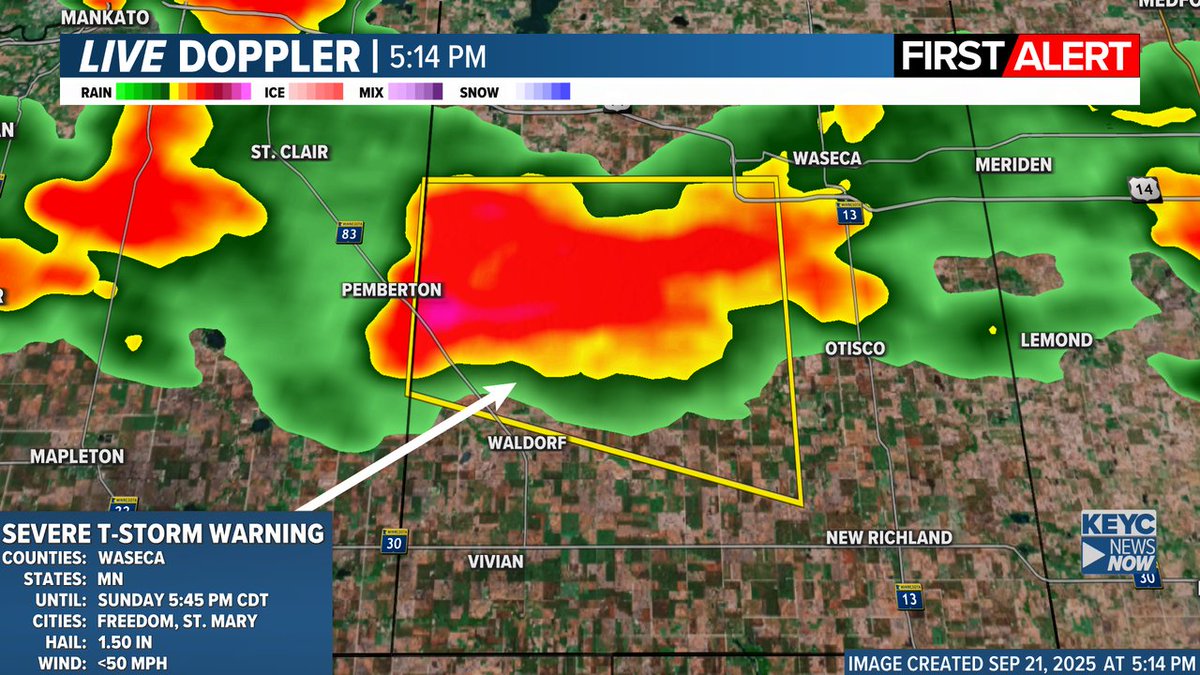 KEYCWeather's tweet image. ALERT: Severe Thunderstorm Warning for the following counties: Waseca until 9/21 5:45PM