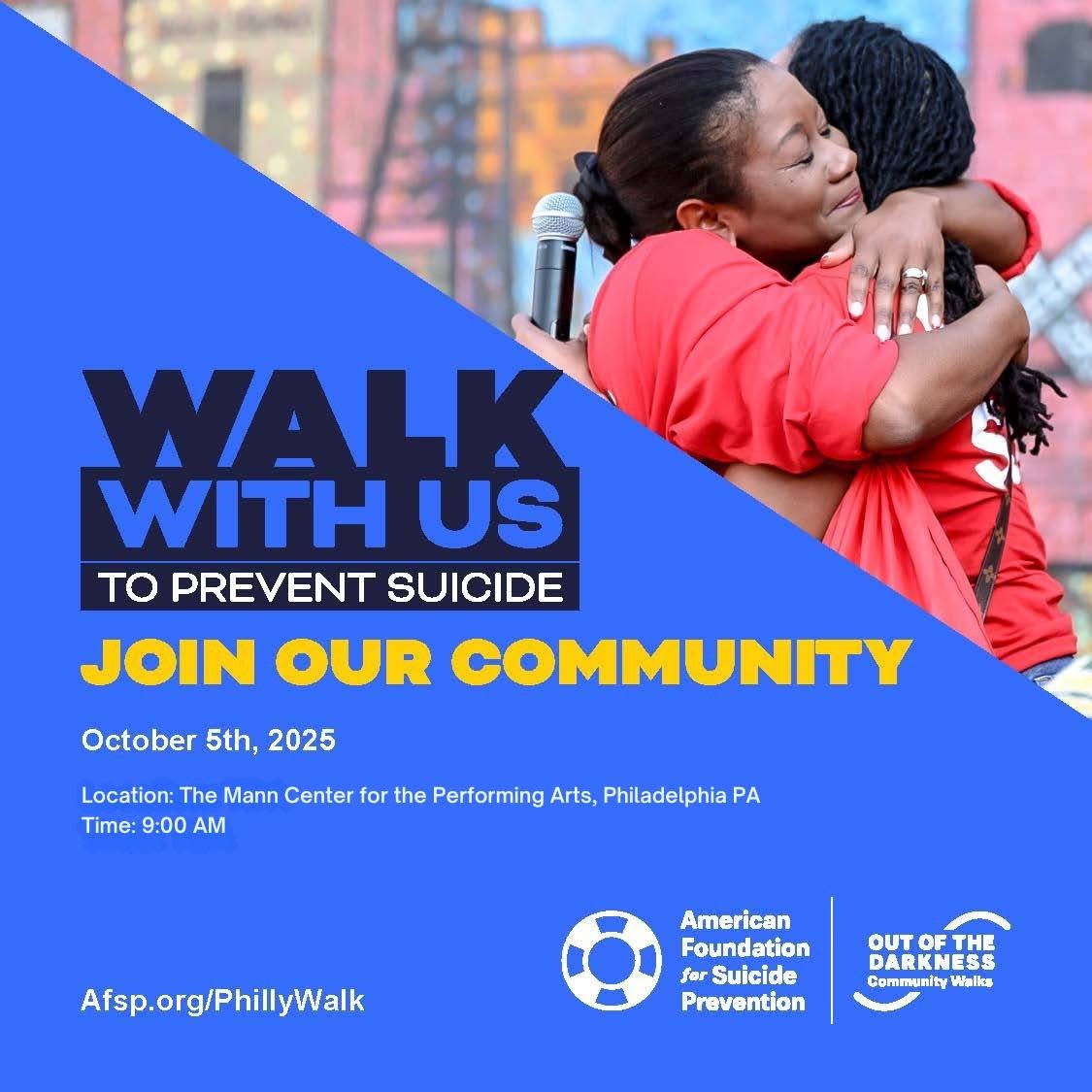 AFSPphilly's tweet image. 💙 Walk with us to prevent suicide. Join the AFSP Out of the Darkness Walk in Philly on Oct 5, 2025 at The Mann Center.

Check-in: 7:30 AM
Program begins at 8:00 AM
Start: 8:30 AM

Just 2 weeks away! Haven’t registered yet? Now’s the time.

🔗 bit.ly/47T9ZAX