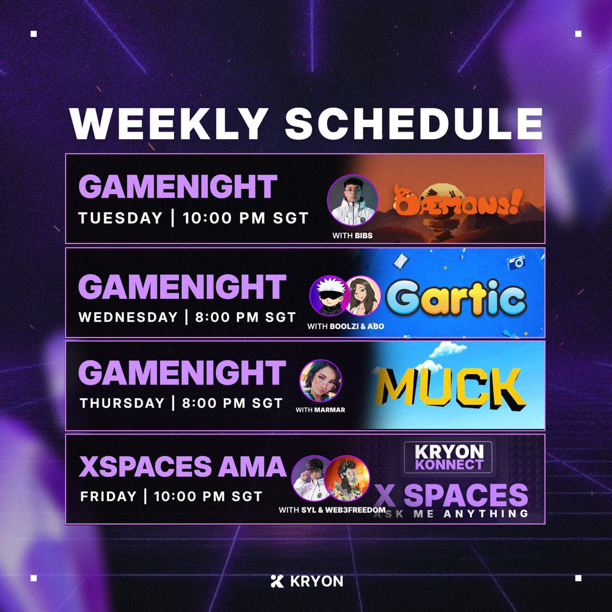 d🦕n (@d3n_imx) on Twitter photo Gm CT
Kryon Weekly Schedule | September 30 - October 3 🎮
This week join us for:
• Gamenight featuring <a href="/daemons_gamefi/">Dæmons</a>
• Gartic
• MUCK with <a href="/MC_Marmar/">Marmar 🔺 ⚔️</a>
• X Spaces AMA featuring <a href="/Triumph_Games/">Triumph Games</a>, with <a href="/sylgamingnft/">Syl | Sylphy Academy</a> and <a href="/web3Freedom/">web3Freedom</a> Gm CT
Kryon Weekly Schedule | September 30 - October 3 🎮
This week join us for:
• Gamenight featuring <a href="/daemons_gamefi/">Dæmons</a>
• Gartic
• MUCK with <a href="/MC_Marmar/">Marmar 🔺 ⚔️</a>
• X Spaces AMA featuring <a href="/Triumph_Games/">Triumph Games</a>, with <a href="/sylgamingnft/">Syl | Sylphy Academy</a> and <a href="/web3Freedom/">web3Freedom</a>
