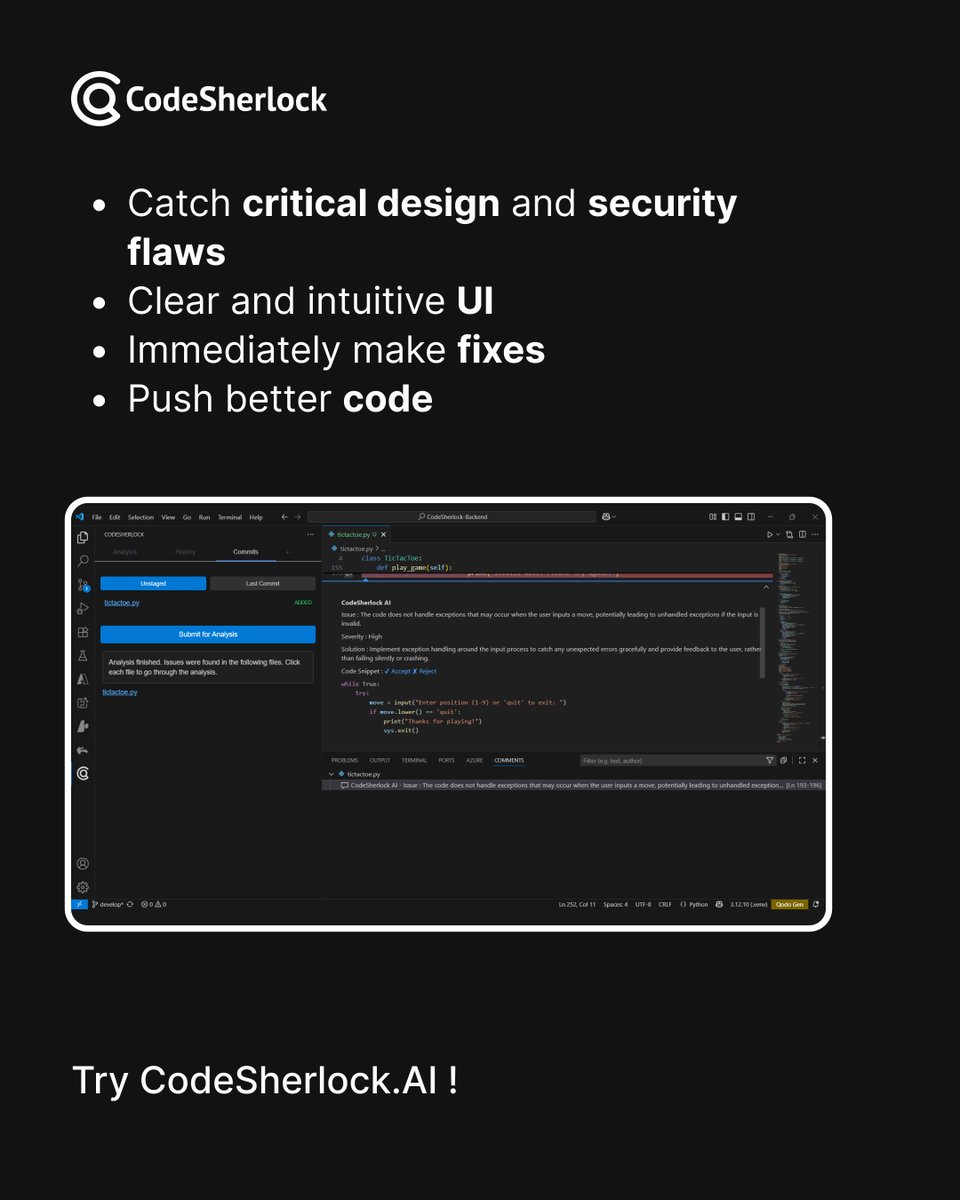 codesherlockai's tweet image. Are you relying only on Pull Requests for code reviews?

The earlier you review, the stronger your code.

By combining commit reviews in your editor with PR reviews in GitHub, you cut noise, speed up merges, and reclaim engineering time.

CodeSherlock.AI was built on this…