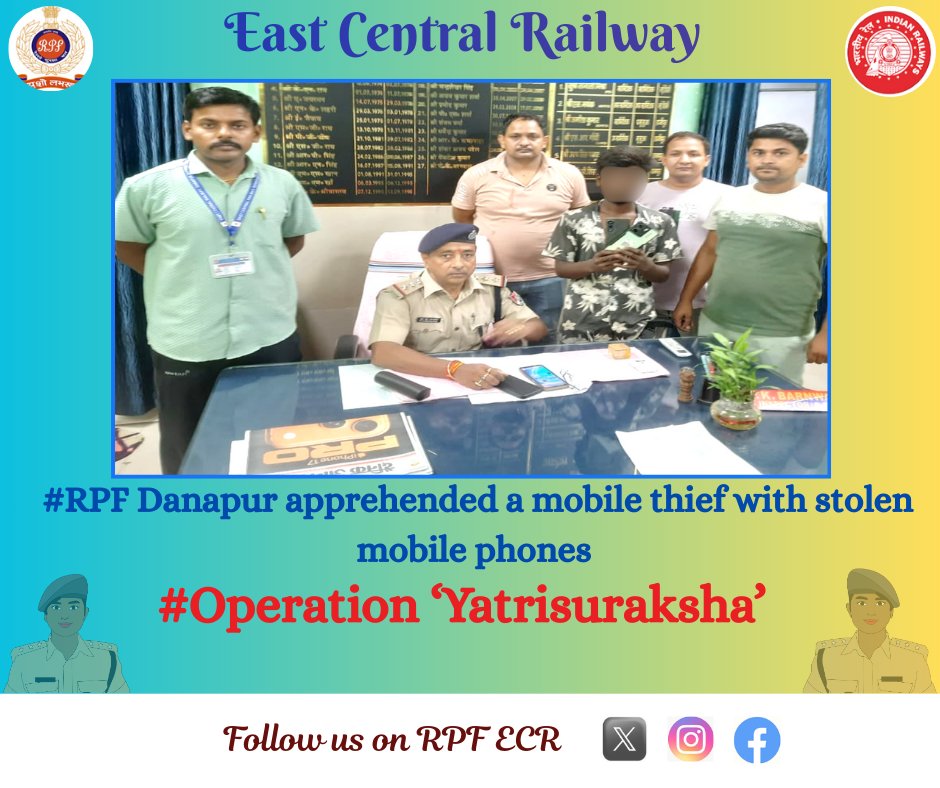 Under Operation Yatri Suraksha, #RPF Post Danapur nabbed a TOPB offender with 2 stolen mobiles worth ₹30,000 near the unreserved ticket counter.

Swift action ensured FIR at GRP/DNR under BNS 317(5).
#RPF #ECR #PassengerSecurity #CrimeControl
<a href="/RPF_INDIA/">RPF INDIA</a>