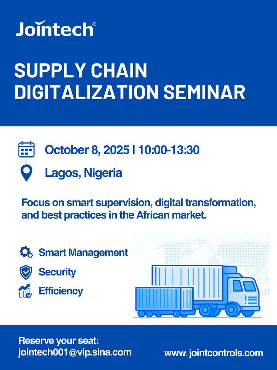 Jointech2006's tweet photo. 🇳🇬 Calling all friends in Nigeria!
Jointech will be hosting a Supply Chain Digitalization Seminar in Lagos on October 8, 2025
#AfricaLogistics #Jointech #SmartLogistics #DigitalTransformation #Nigeria #SupplyChain #AfricanMarket #LagosEvents #IoT https://t.co/h6mWlHAQ0k
