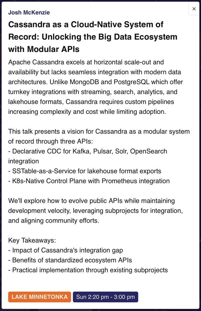 cassandra's tweet image. bsky.app/profile/cassan… 

Josh McKenzie presenting
Cassandra as a Cloud-Native System of Record: Unlocking the Big Data Ecosystem with Modular APIs