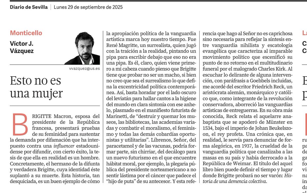 A los artistas la política les ha arrebatado la vanguardia y el experimento es demencial. 
De eso escribo, a propósito de Brigitte Macron.
diariodesevilla.es/opinion/articu… vía <a href="/diariosevilla/">Diario de Sevilla</a>