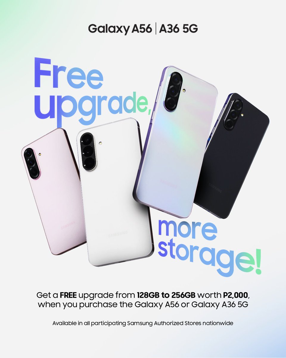 _sienatweets's tweet photo. Double the storage, double the awesome!
Enjoy FREE storage upgrade from 128GB to 256GB when you purchase the #GalaxyA56 or #GalaxyA36 5G today. 

Grab yours now🫰🎁
𝗛𝗔𝗣𝗣𝗬 𝗛𝗢𝗟𝗜𝗗𝗔𝗬𝗦! 𝗳𝗿𝗼𝗺 𝗦𝗜𝗘𝗡𝗔 𝗠𝗢𝗕𝗜𝗟𝗘
https://t.co/mFRivOblgn https://t.co/xkejf43sL1