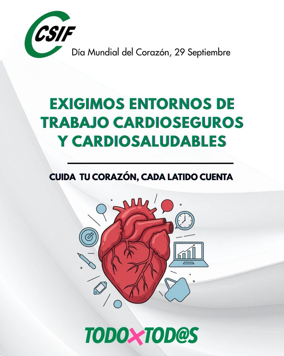 CSIFCV's tweet image. 🫀 #29S #DíaMundialdelCorazón | Cada día y medio fallece una persona en el trabajo por un problema cardiovascular, exceso de horarios, estrés y problemas de conciliación.  

📢 CSIF exige medidas urgentes para rebajar los riesgos laborales, reconocimientos médicos de calidad y…