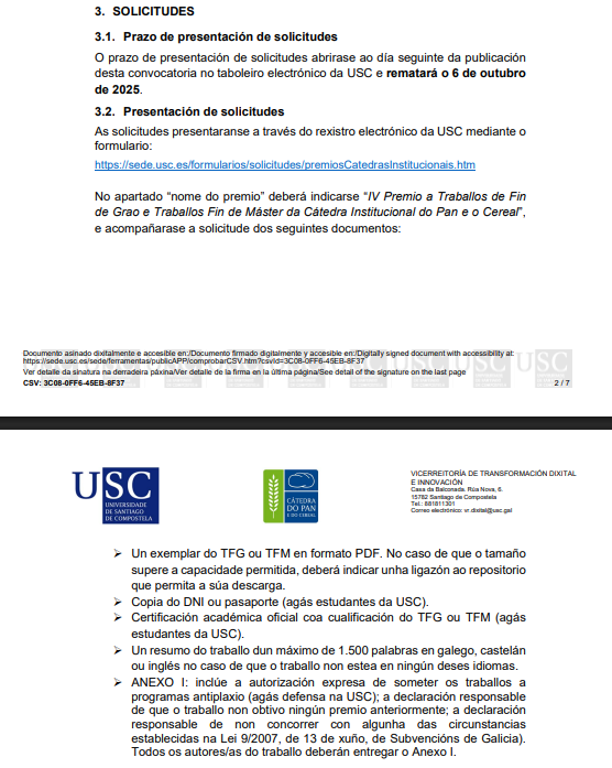 CatedraDoPan's tweet photo. A presentación de candidaturas os #IVPremios da @CatedraDoPan  é moi sinxela e poden participar alumnos de calquera universidade:
-Pdf do TFG/TFM
-Anexo I asinado
-Copia DNI (alumnos non USC)
-Certificación académica oficial (alumnos non USC) https://t.co/Yhy5aZrwXK