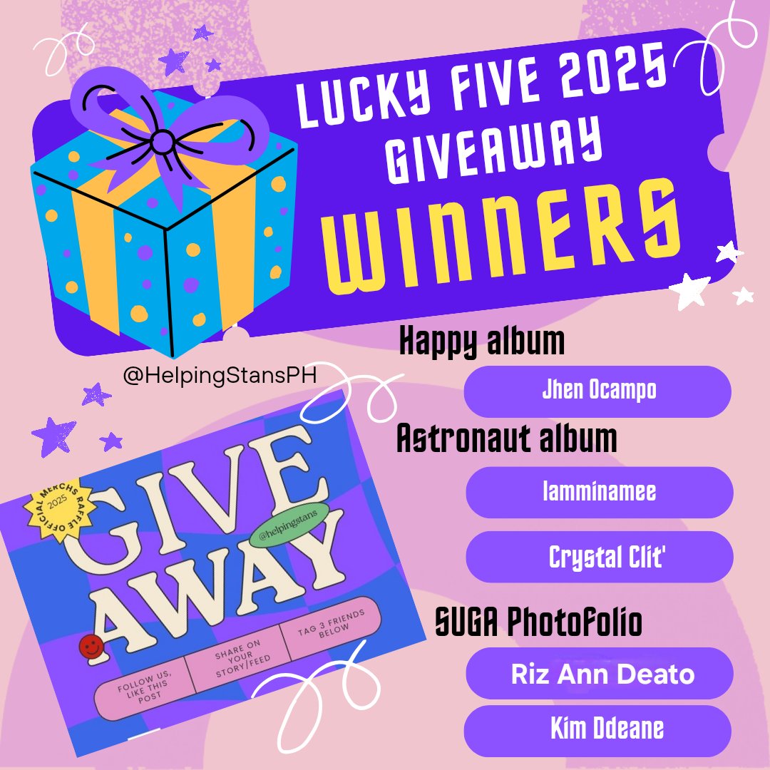 helpingstans's tweet photo. We're finally announcing the Lucky Five in 2025 winners, plus an extra one! 🎁

To compensate for the wait, we've added another prize and upgraded the raffle prize to sealed merch. ✨️

Congratulations to the winners! Message us on how to claim your prize. 😉 https://t.co/f0iW66oYwB