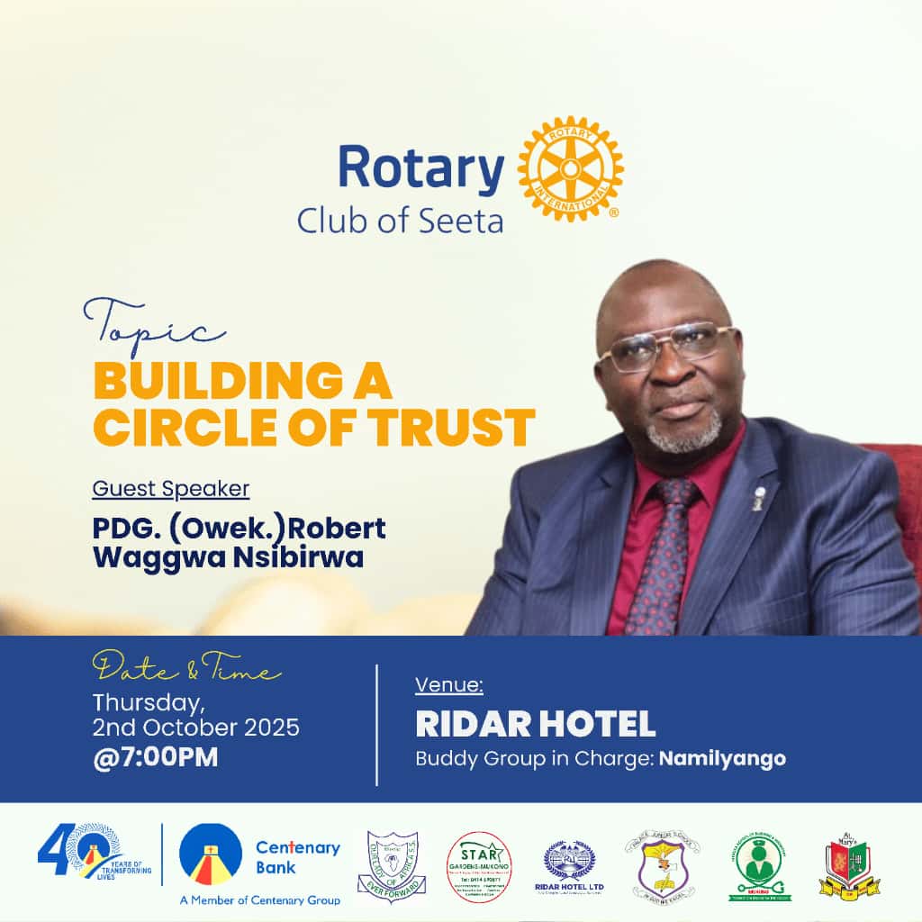 "The circle of trust works best only when each person is 'all in'". 
Friends, join us as we host PDG. Rtn. Owek. Robert Waggwa Nsibirwa in an optimistically beautiful session 
#RotaryEyamba
#TheRidarz
#RCSeeta