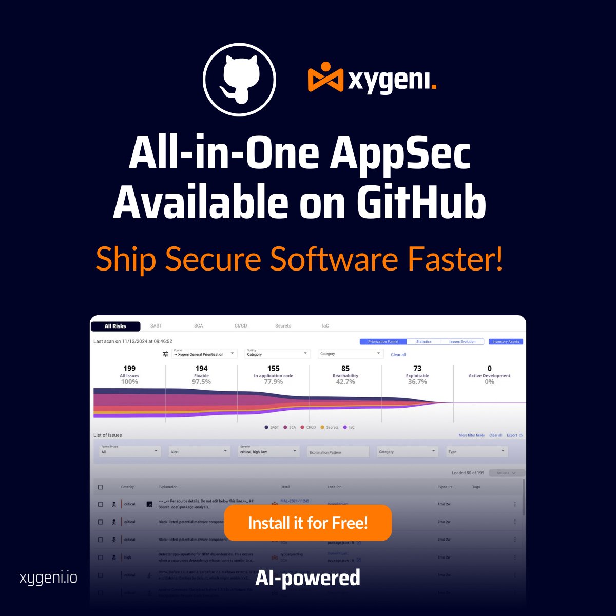 🎉 𝐗𝐲𝐠𝐞𝐧𝐢 𝐢𝐬 𝐥𝐢𝐯𝐞 𝐨𝐧 𝐆𝐢𝐭𝐇𝐮𝐛!
💠Ship secure software faster
💠Automate fixes inside GitHub
💠Cut noise, focus on real risks
 Install free ➡️github.com/marketplace/xy…

#AppSec #GitHub #DevSecOps #CyberSecurity #Xygeni